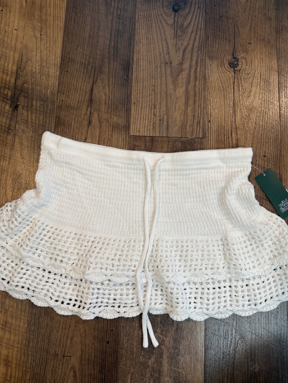 White Crochet Mini Skirt with Drawstring Waist